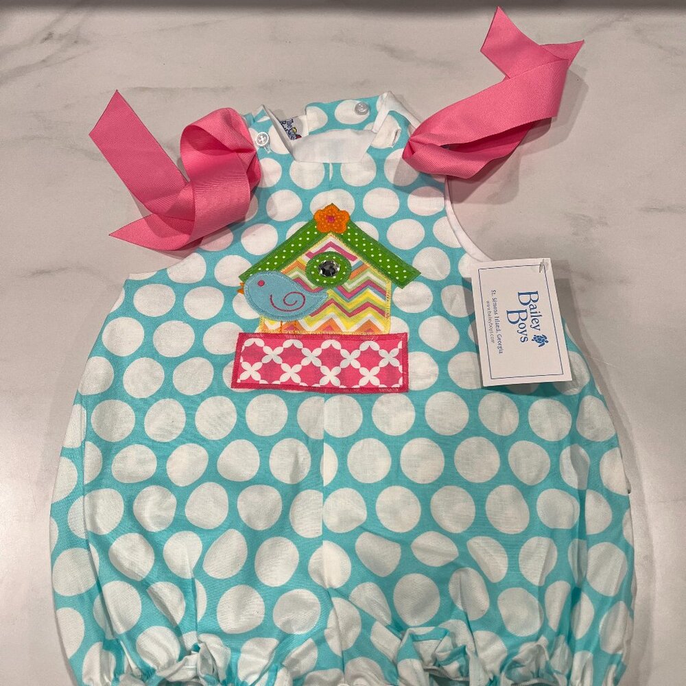 Bailey Boys Bubble Romper Baby Girls 6M Blue White Polka Dot Birdhouse Appliqué